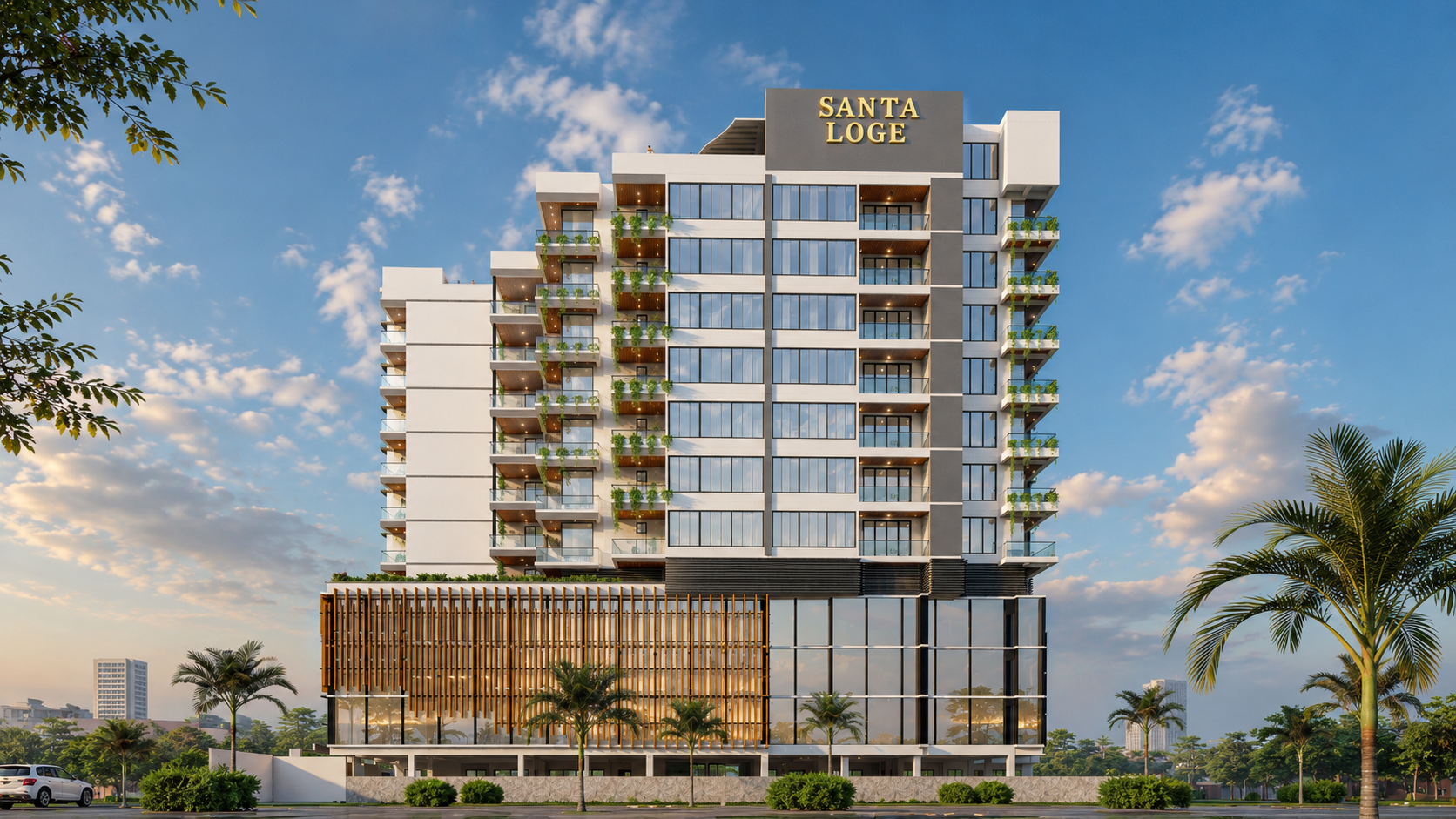 Facade urbaine avec enseigne Santa Loge et lames verticales bois